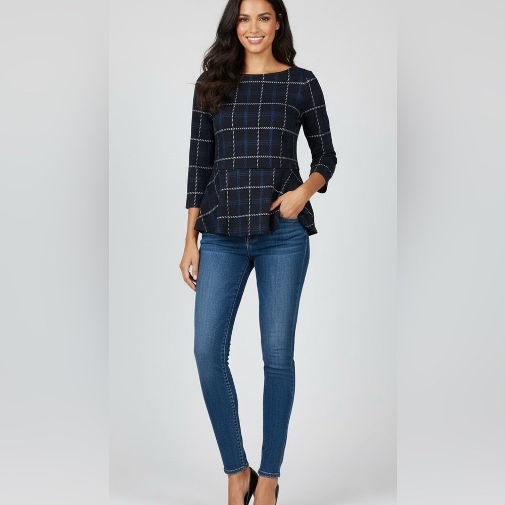 Ann Taylor Navy Blue Plaid Peplum Top